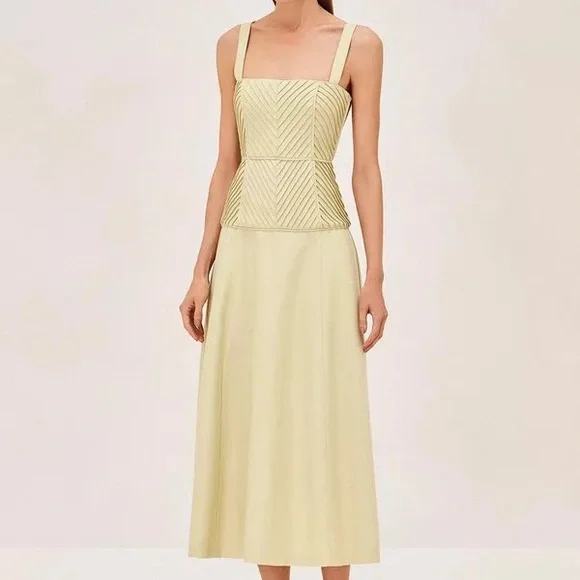 Alexis Pale Yellow Midi Dress with Square Neck - Picture 2 of 7